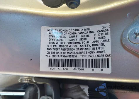 2010 Honda Civic Lx from USA, damaged, VIN 2HGFA1F58AH328958